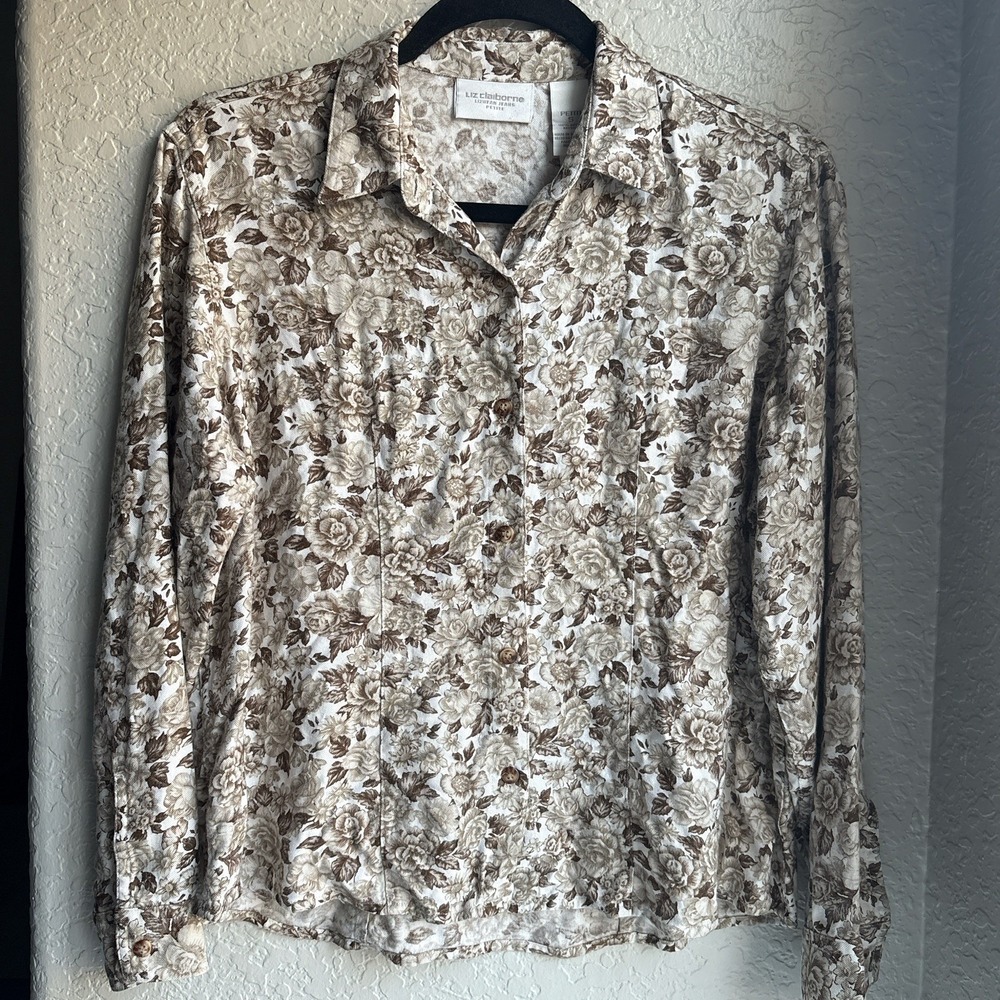 Women PS Vintage Liz Claiborne Shirt Floral Button Long Sleeve 90s Business